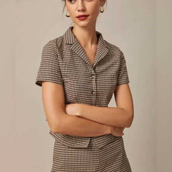 NWT RIHOAS Lapel Plaid Short Sleeve Blouse - Picture 4 of 7